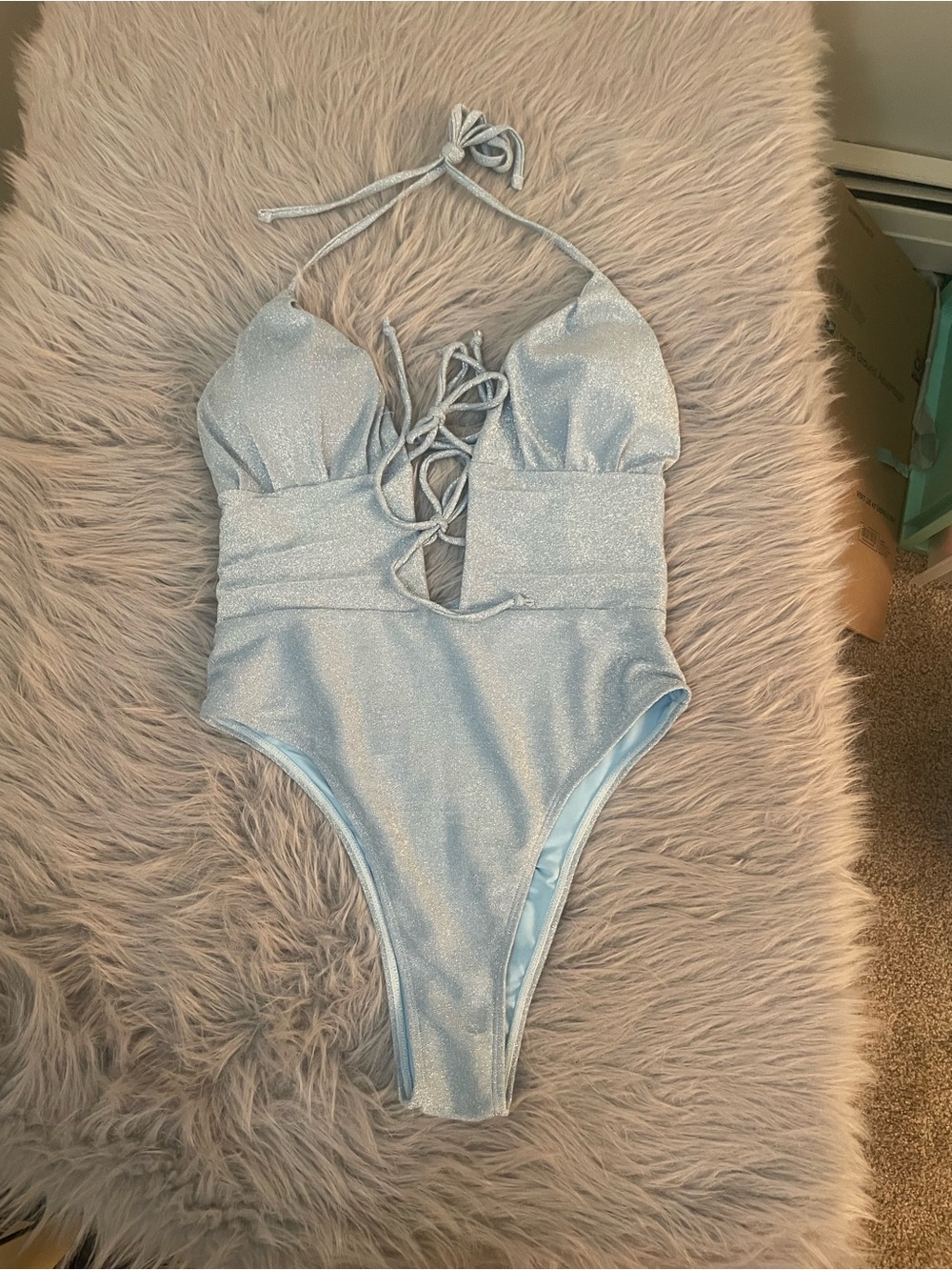 ☀️NWT Fashion Nova Blue Metallic Halter One-Piece swim suit